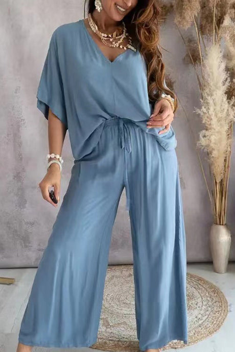 Arolora v-neck-bat-sleeve-solid-shirt-suits
