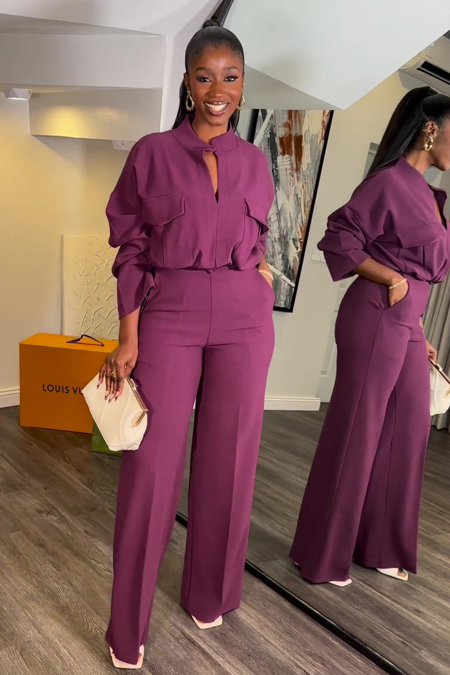 Women's Clothing :: V-NECK TOP HIGH-WAISTED WIDE-LEG PANT SUIT
