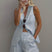 Arolora V Neck Button-up Cotton Linen Vest Shorts Set