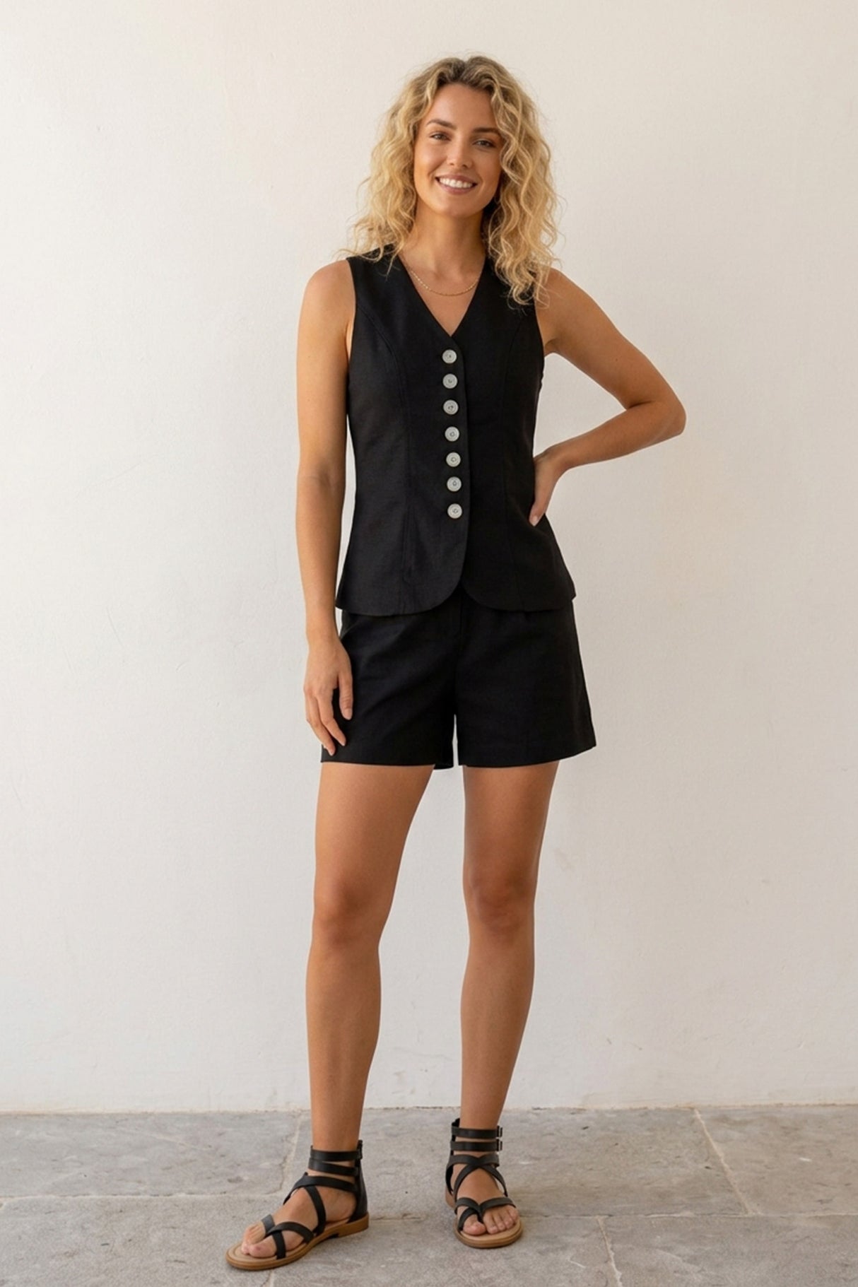 V Neck Button-up Cotton Linen Vest Shorts Set