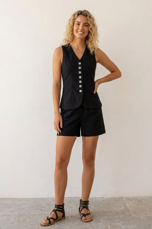 V Neck Button-up Cotton Linen Vest Shorts Set