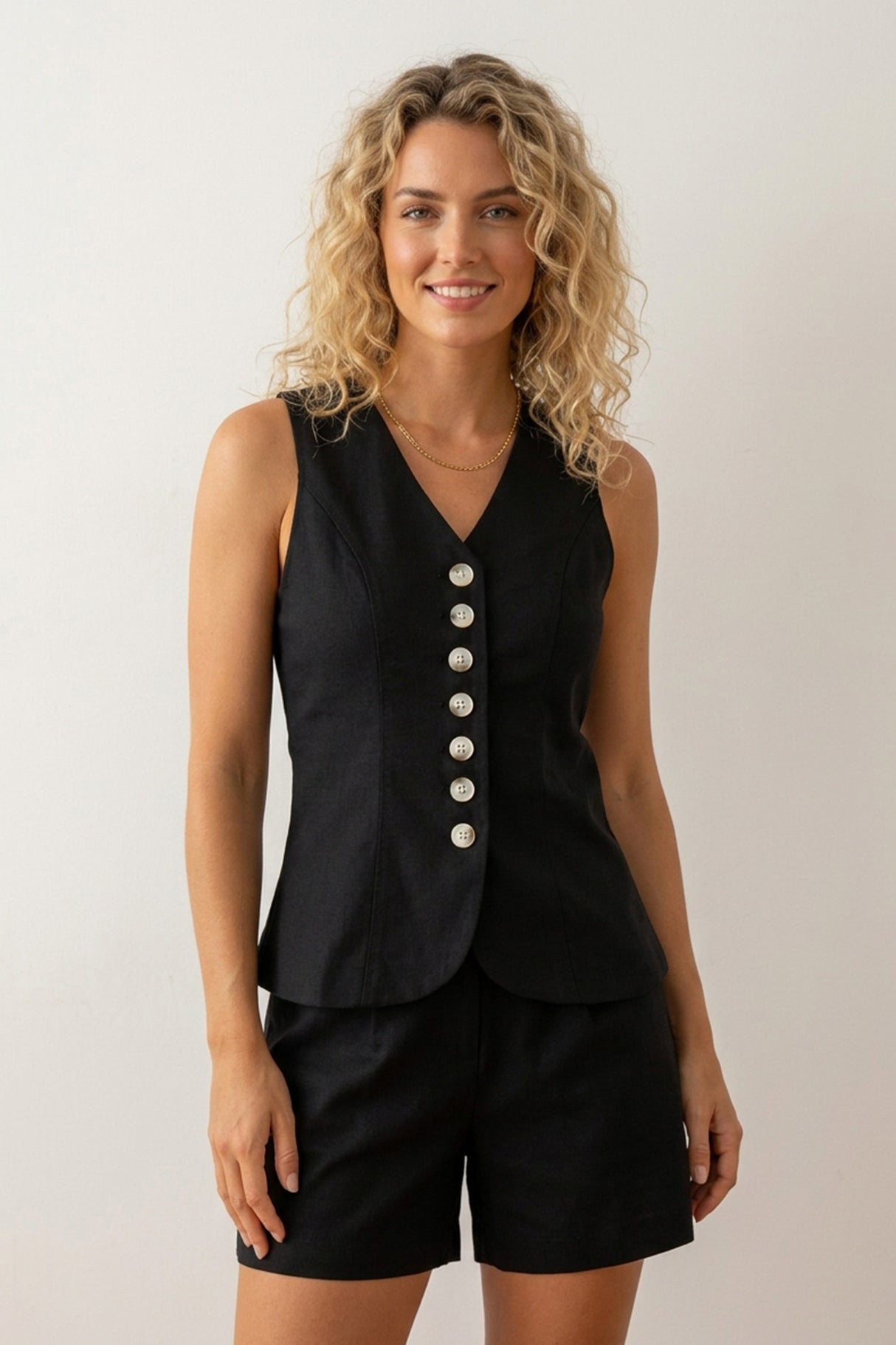 V Neck Button-up Cotton Linen Vest Shorts Set