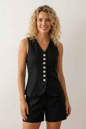 V Neck Button-up Cotton Linen Vest Shorts Set