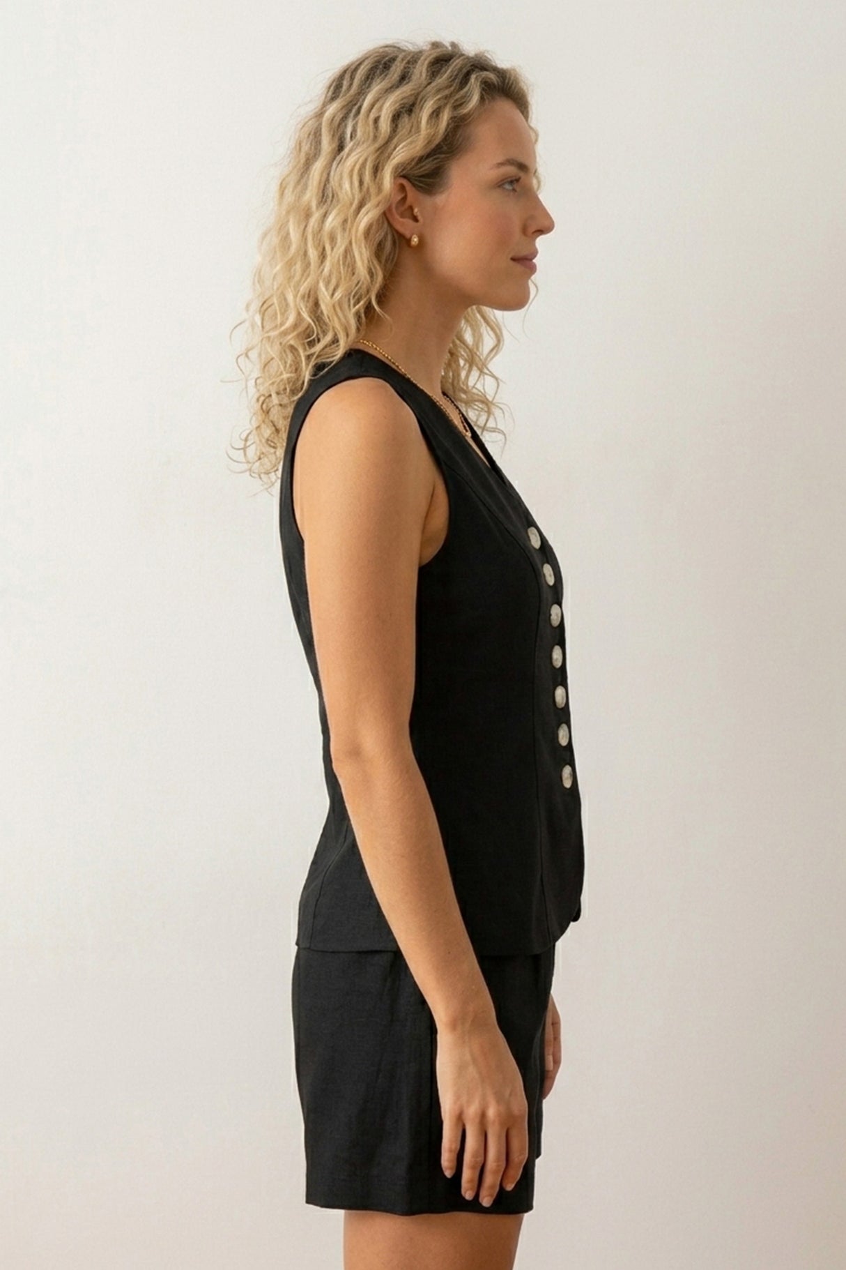 V Neck Button-up Cotton Linen Vest Shorts Set