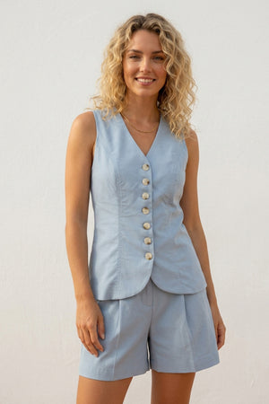 V Neck Button-up Cotton Linen Vest Shorts Set