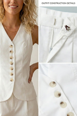 V Neck Button-up Cotton Linen Vest Shorts Set