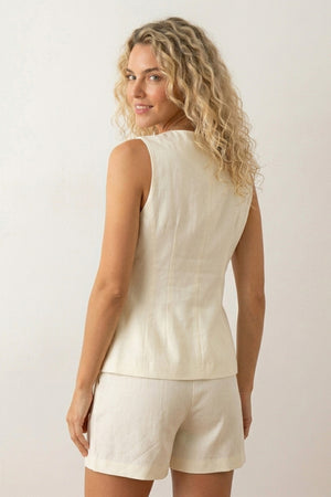 V Neck Button-up Cotton Linen Vest Shorts Set