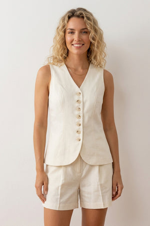 V Neck Button-up Cotton Linen Vest Shorts Set