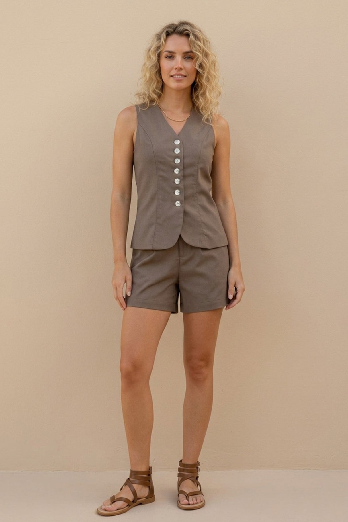 V Neck Button-up Cotton Linen Vest Shorts Set