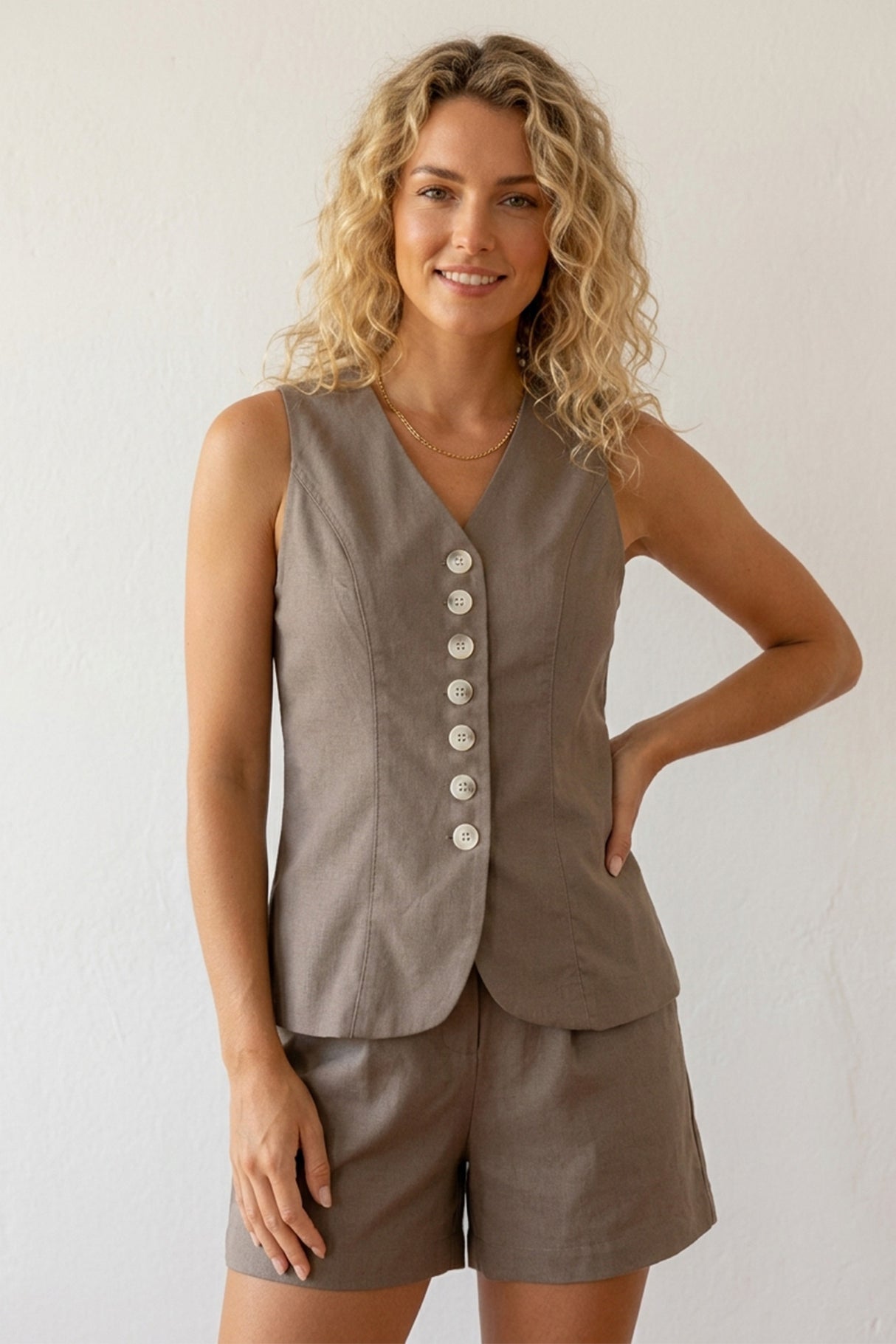 V Neck Button-up Cotton Linen Vest Shorts Set