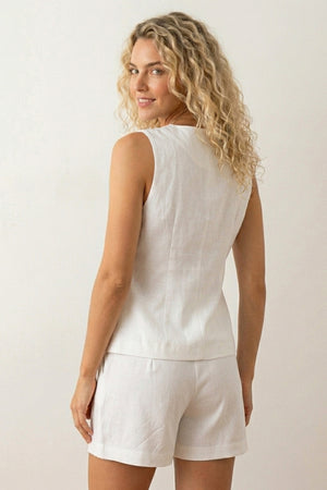 V Neck Button-up Cotton Linen Vest Shorts Set