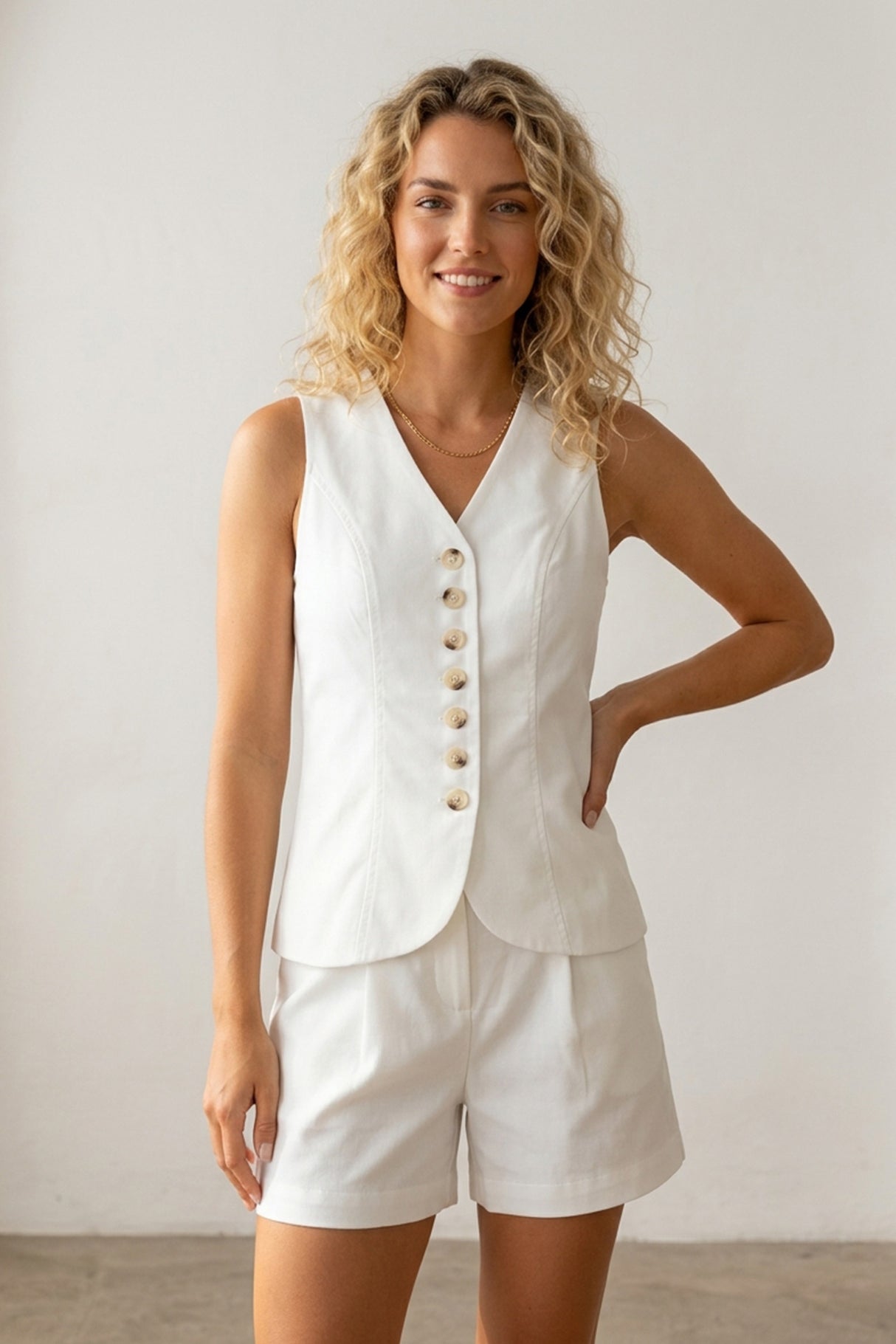 V Neck Button-up Cotton Linen Vest Shorts Set