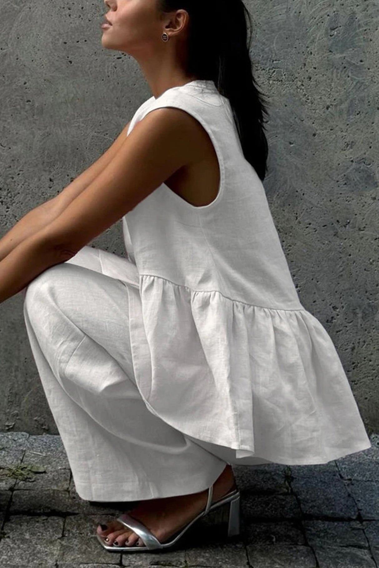 Arolora V Neck Cotton Loose Vest Pants Set