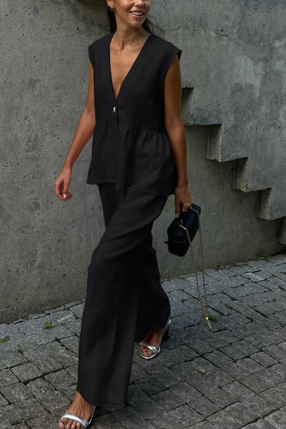 Arolora V Neck Cotton Loose Vest Pants Set
