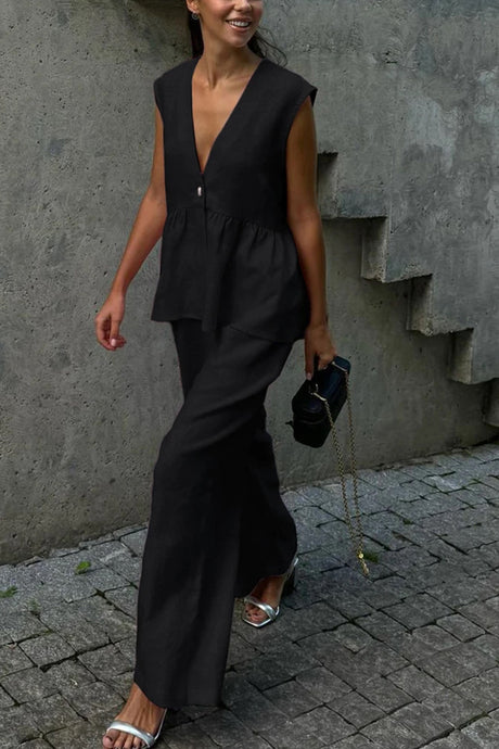 Arolora V Neck Cotton Loose Vest Pants Set