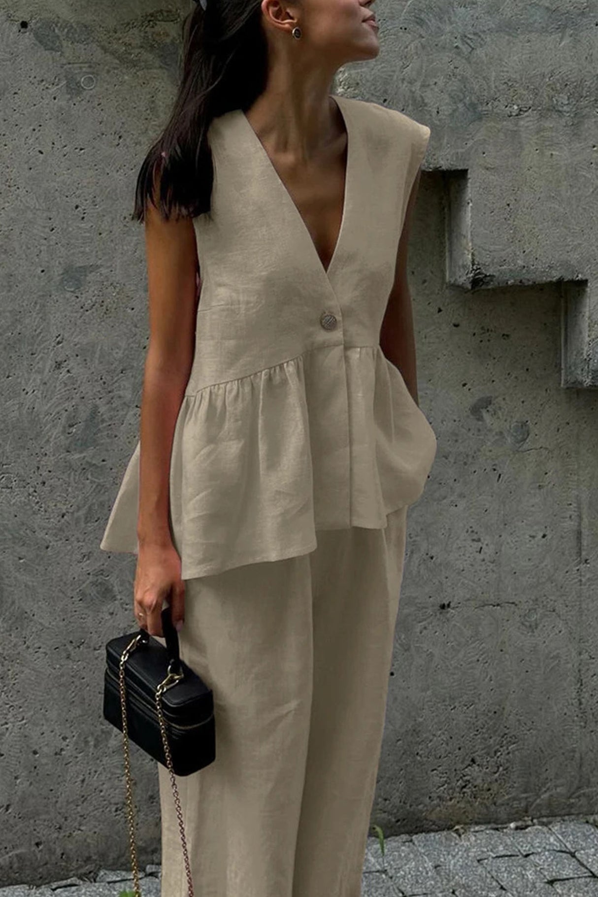 Arolora V Neck Cotton Loose Vest Pants Set