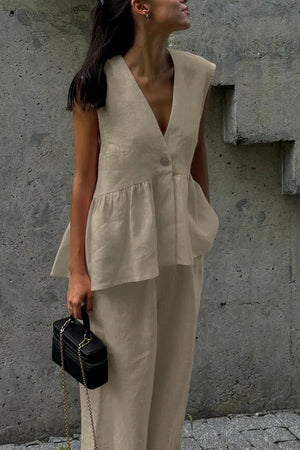 Arolora V Neck Cotton Loose Vest Pants Set
