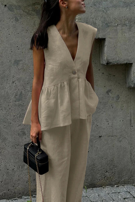 Arolora V Neck Cotton Loose Vest Pants Set