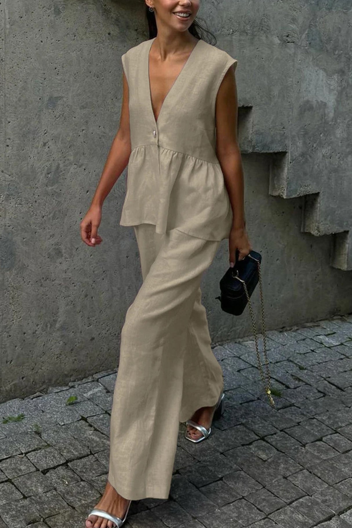 Arolora V Neck Cotton Loose Vest Pants Set