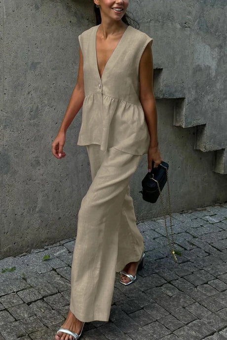 Arolora V Neck Cotton Loose Vest Pants Set