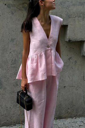 Arolora V Neck Cotton Loose Vest Pants Set