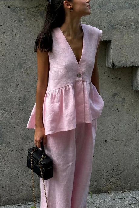 Arolora V Neck Cotton Loose Vest Pants Set
