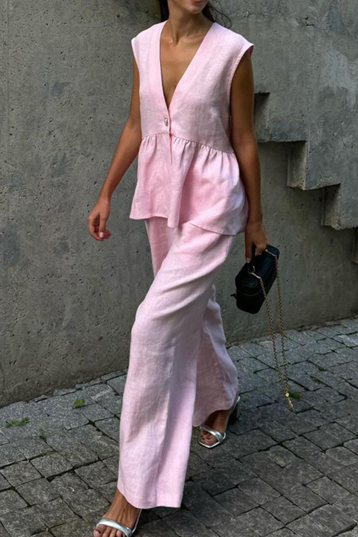 Arolora V Neck Cotton Loose Vest Pants Set