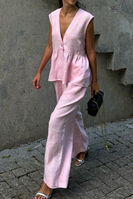 Arolora V Neck Cotton Loose Vest Pants Set