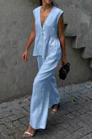 Arolora V Neck Cotton Loose Vest Pants Set