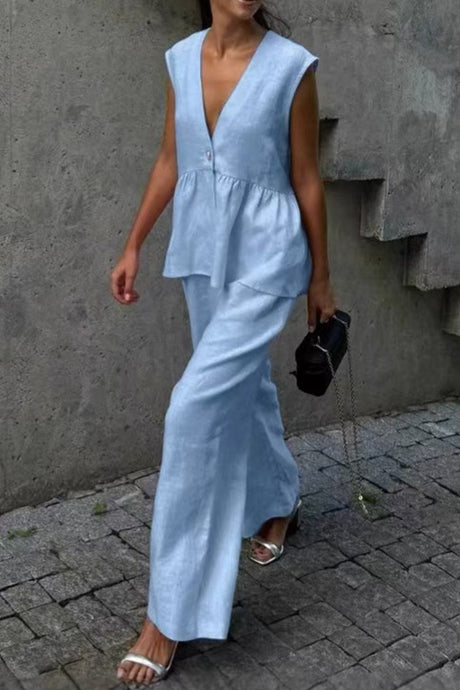 Arolora V Neck Cotton Loose Vest Pants Set