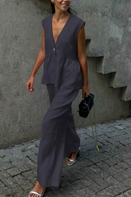 Arolora V Neck Cotton Loose Vest Pants Set