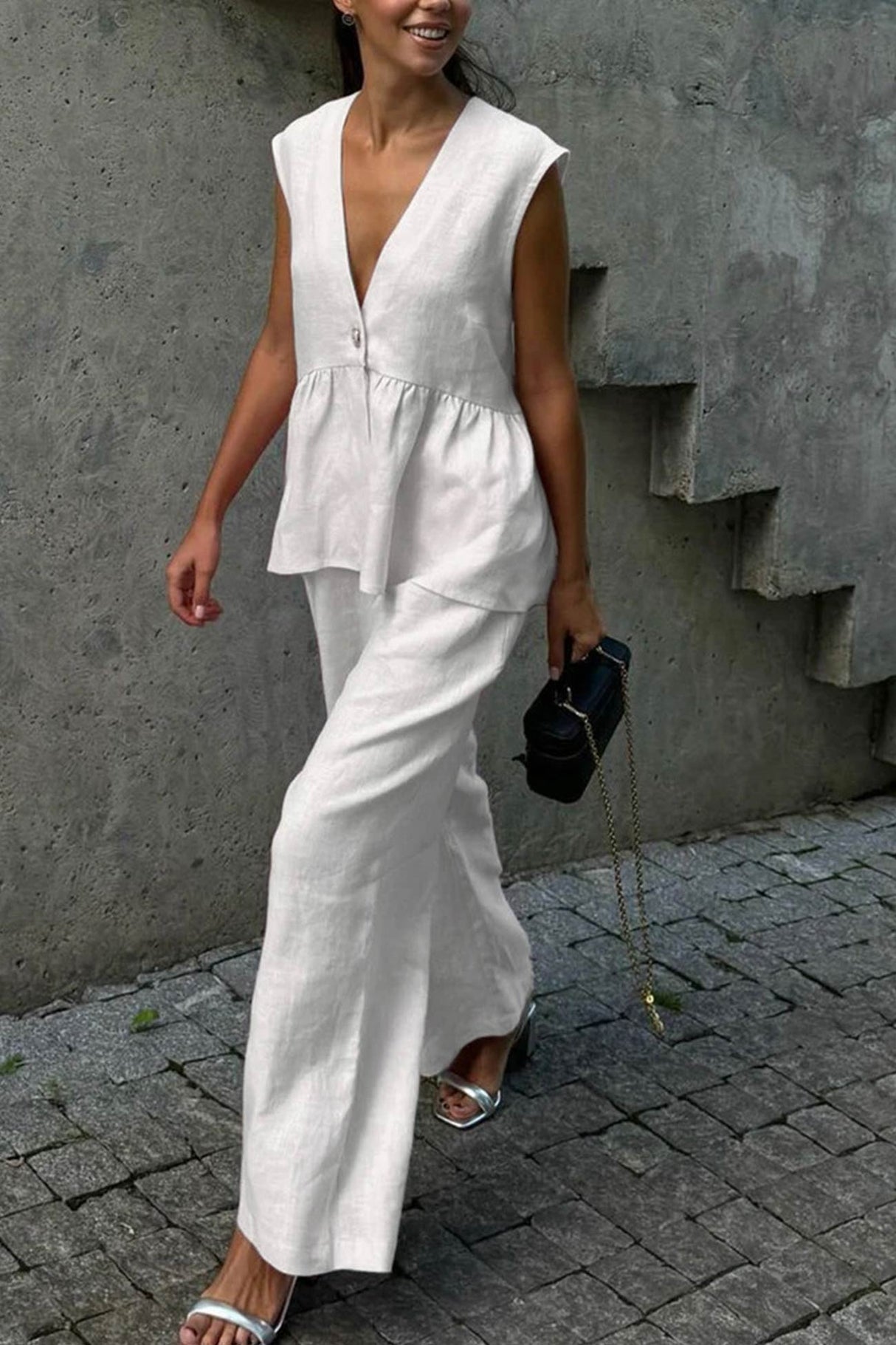 Arolora V Neck Cotton Loose Vest Pants Set