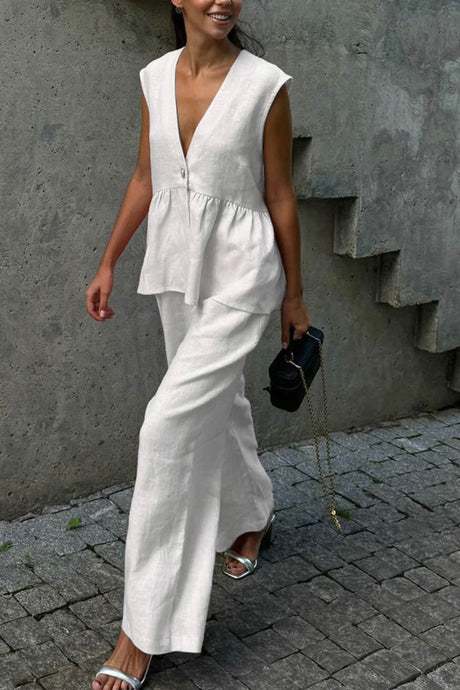 Arolora V Neck Cotton Loose Vest Pants Set