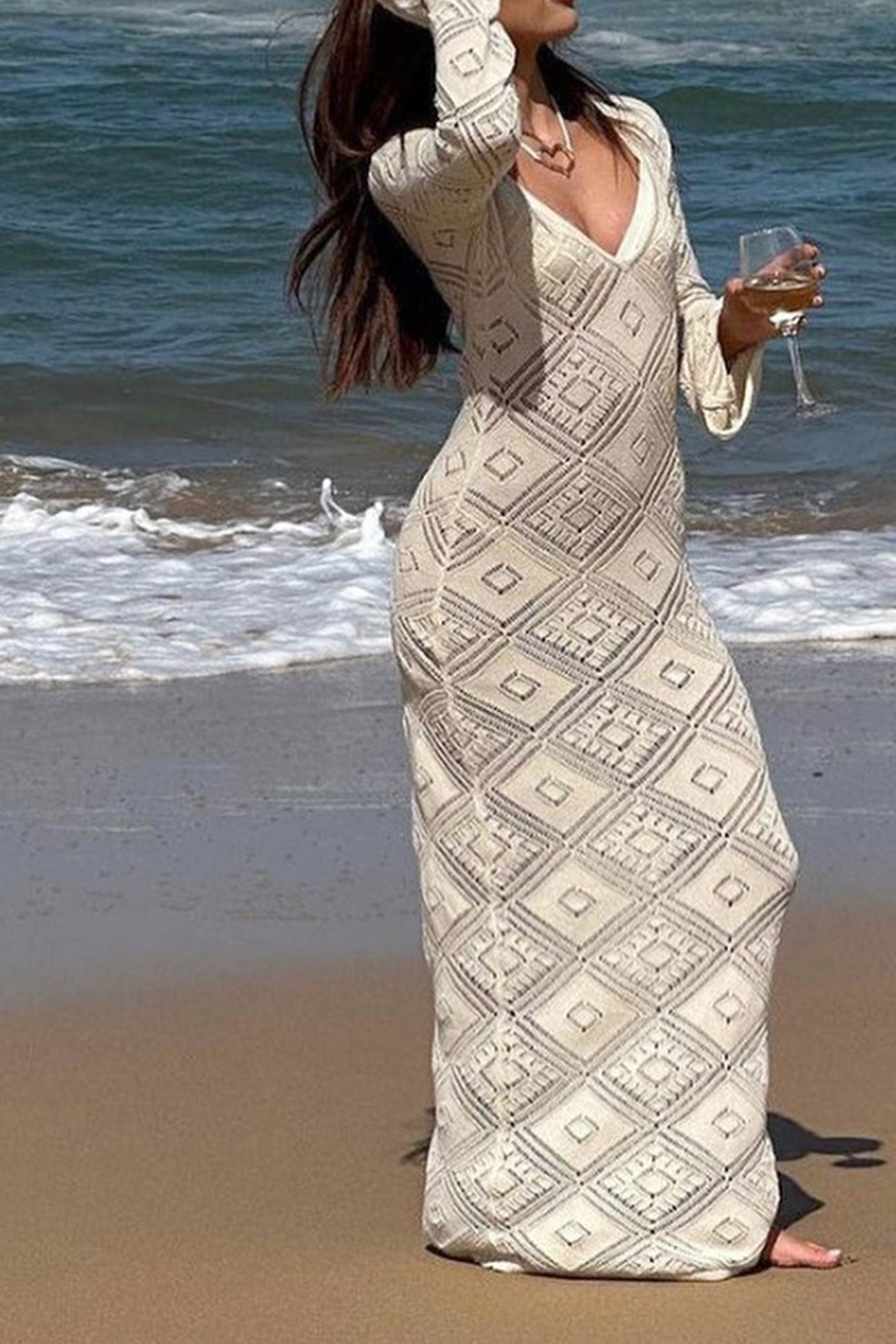 checkered crochet dress V Neck Crochet Checkered Hollow Out Midi Dress AROLORA