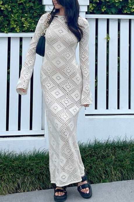 V Neck Crochet Checkered Hollow Out Midi Dress