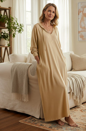 V Neck Drawstring Hooded Dress