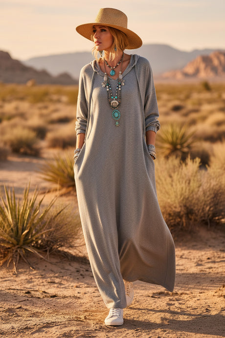 V Neck Drawstring Hooded Dress