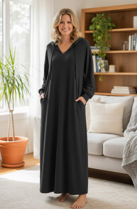 V Neck Drawstring Hooded Dress