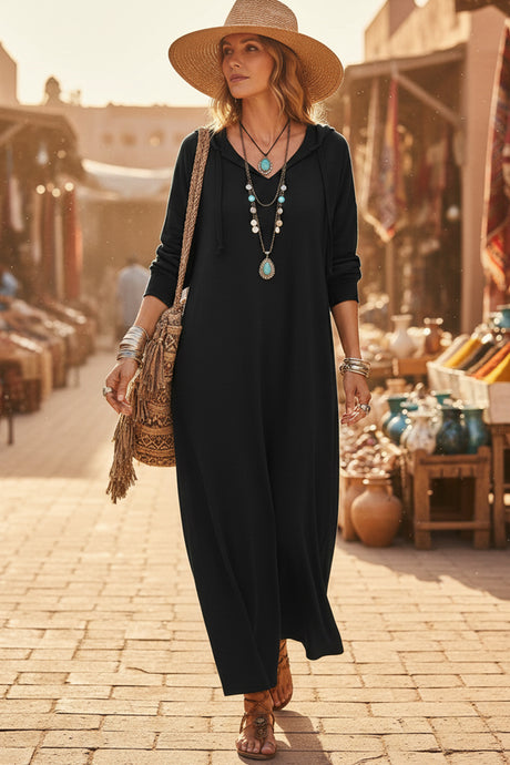 V Neck Drawstring Hooded Dress