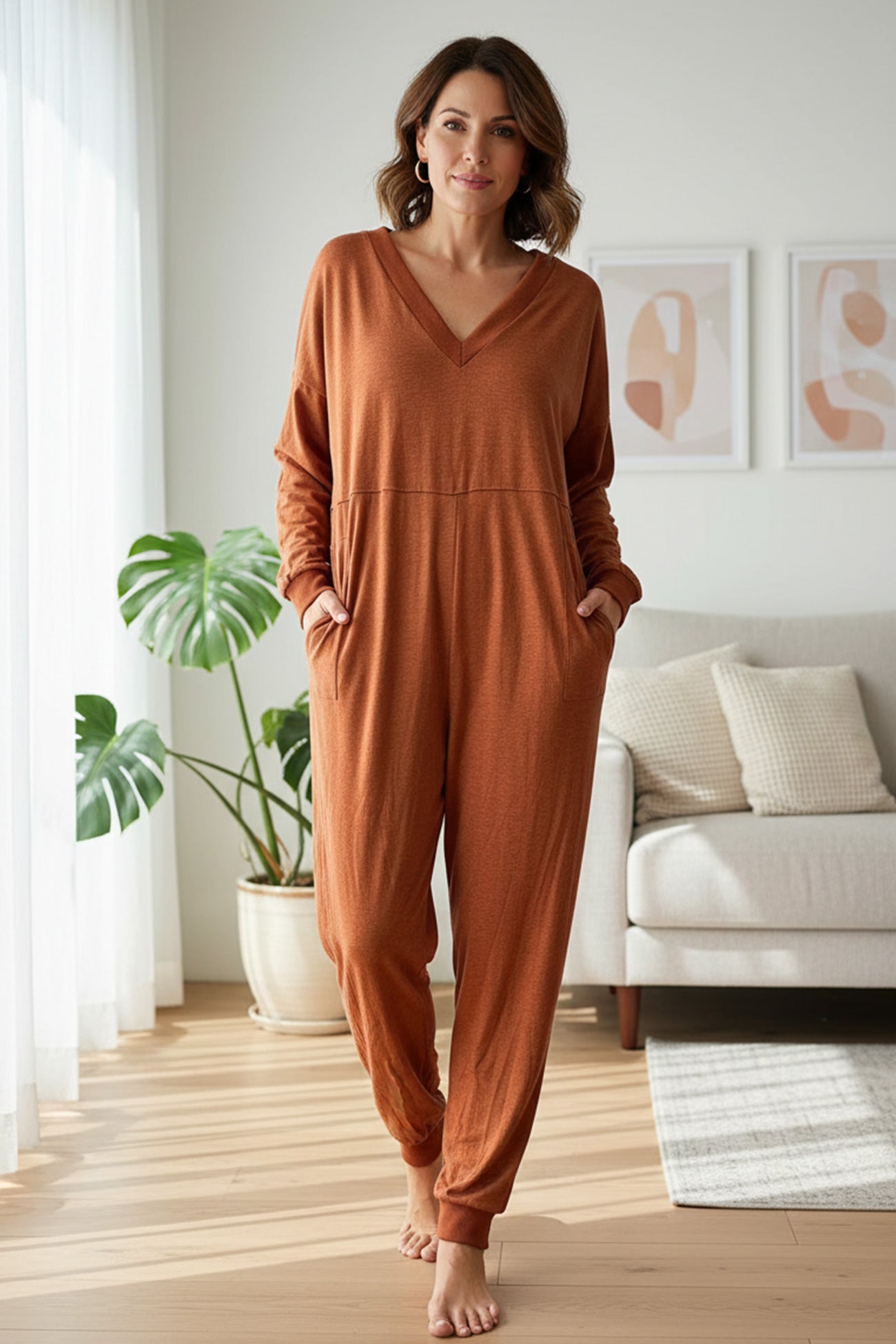 V Neck Drop Shoulder Pocket Jumpsuit