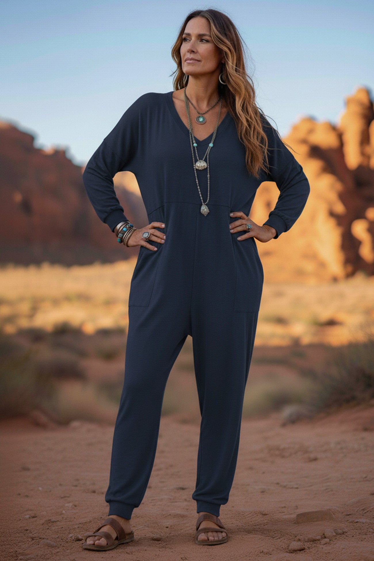 V Neck Drop Shoulder Pocket Jumpsuit