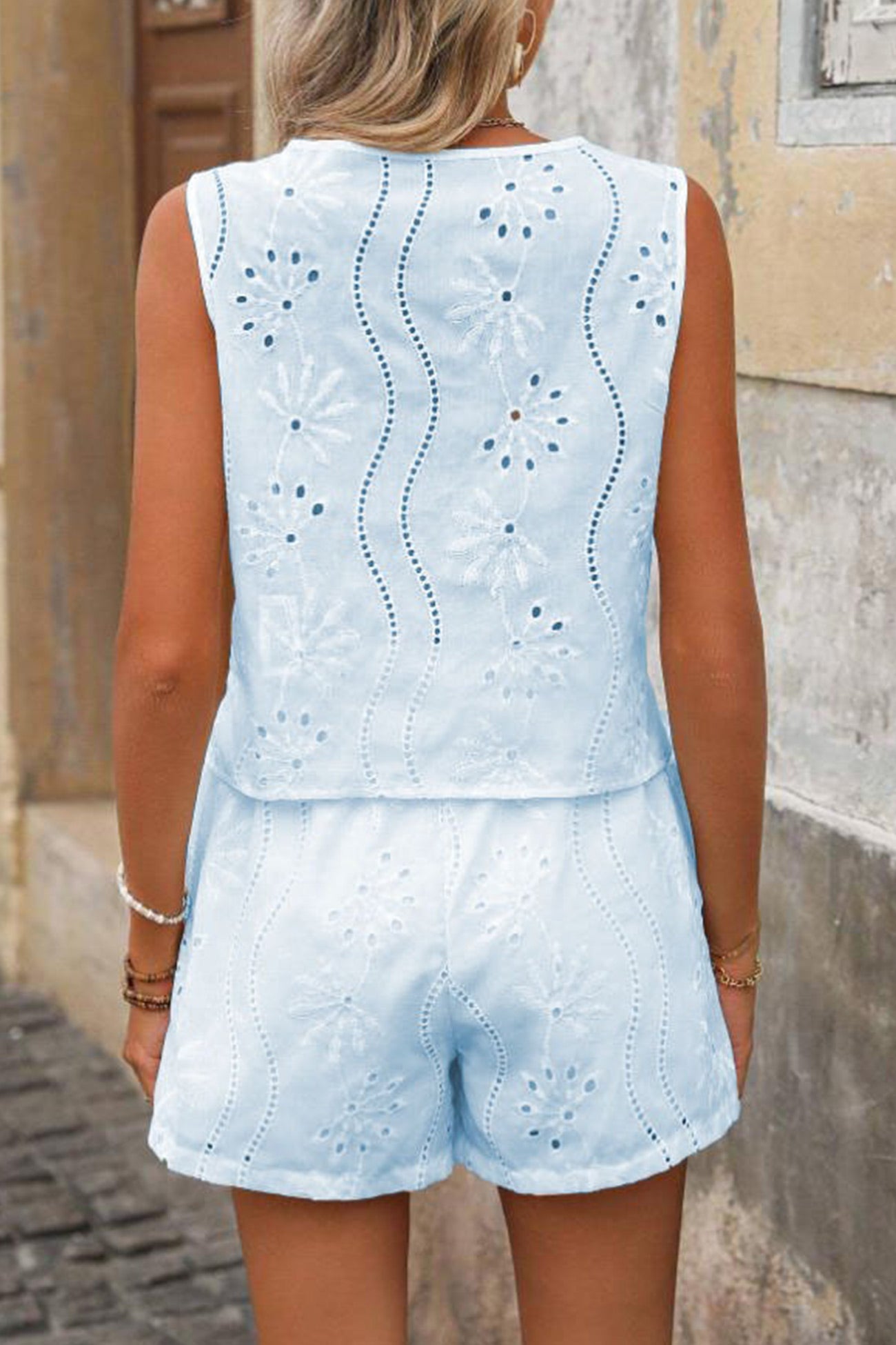 Arolora V Neck Embroidery Hollow Out Vest Set