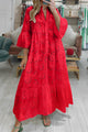 V Neck Flares Sleeve Embroidery Cotton Dress