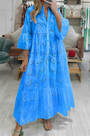 V Neck Flares Sleeve Embroidery Cotton Dress