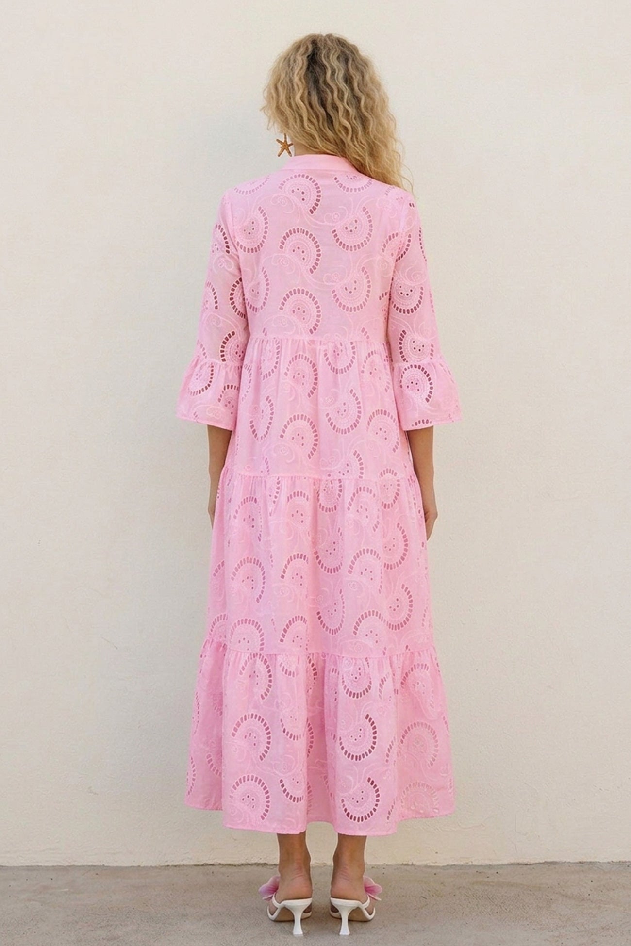 V Neck Flares Sleeve Embroidery Cotton Dress