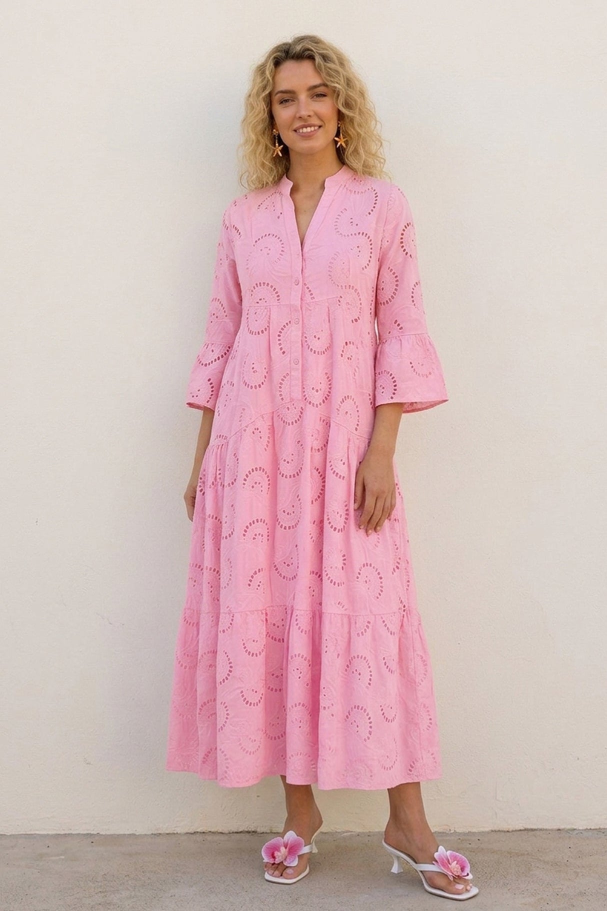 V Neck Flares Sleeve Embroidery Cotton Dress