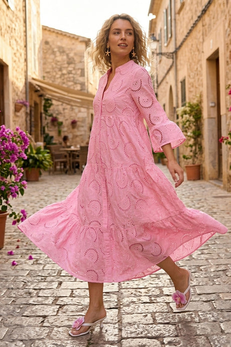 V Neck Flares Sleeve Embroidery Cotton Dress