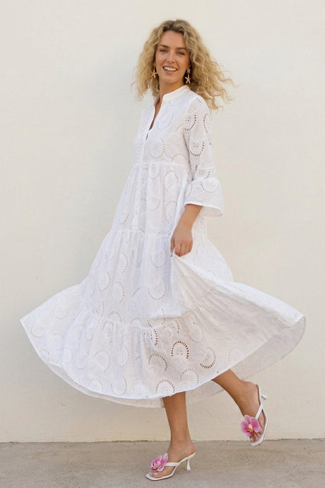 V Neck Flares Sleeve Embroidery Cotton Dress