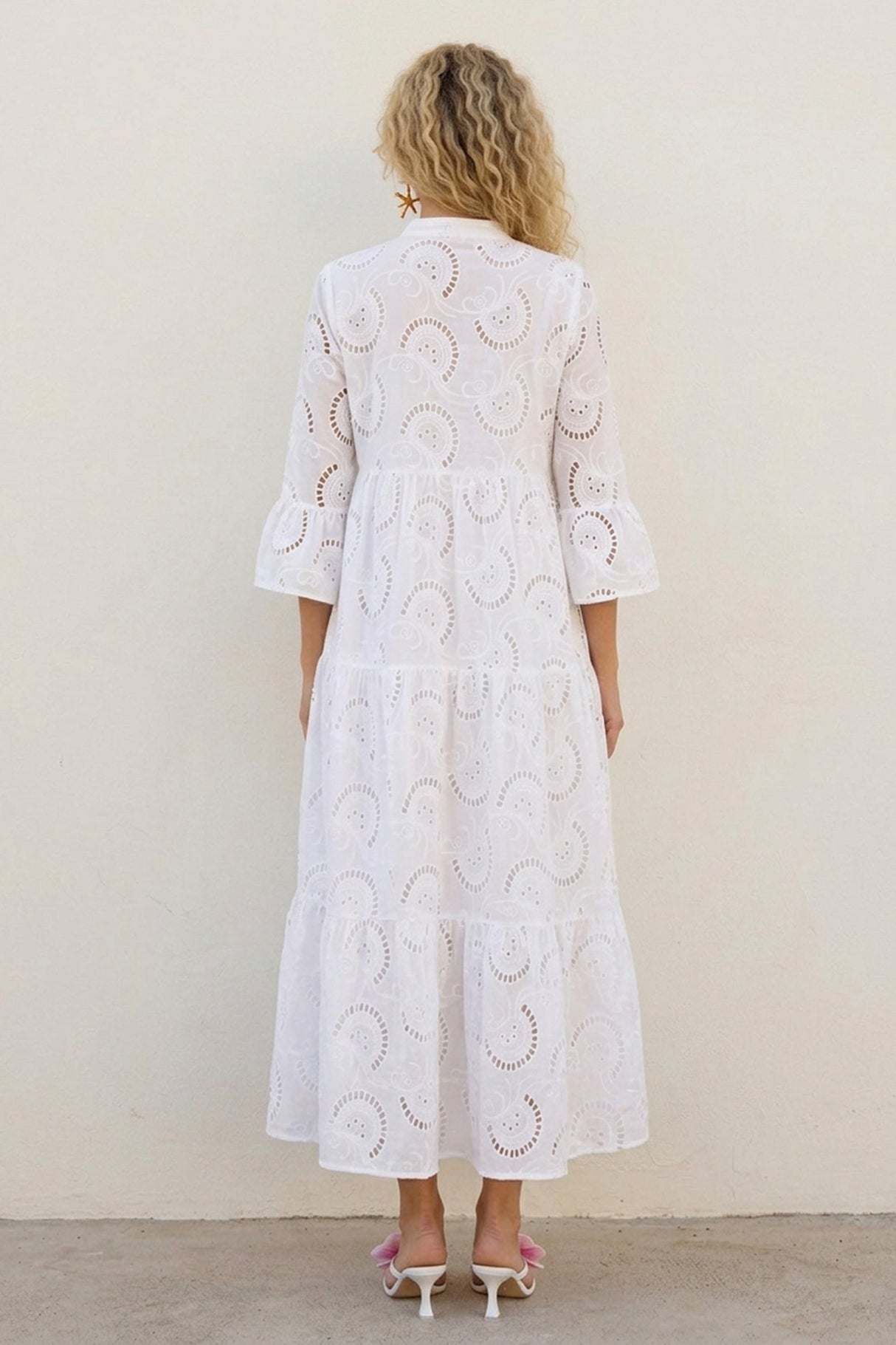 V Neck Flares Sleeve Embroidery Cotton Dress