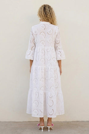 V Neck Flares Sleeve Embroidery Cotton Dress